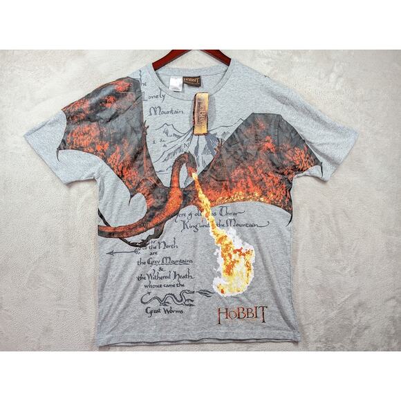 NWT The Hobbit Motion Picture Trilogy Smaug Dragon Graphic Gray Shirt Sz LARGE - Picture 1 of 8